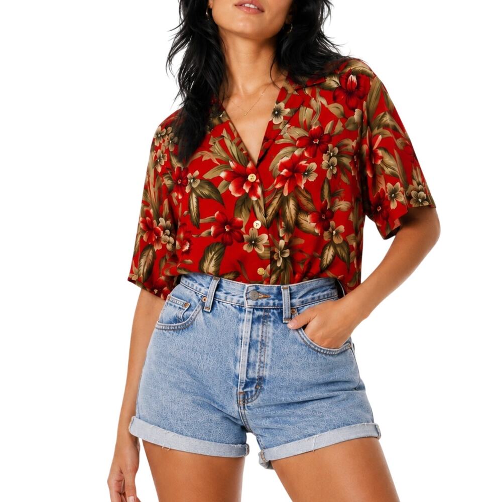 Vintage 1990s BonWorth Red Tropical Floral Hawaiian Shirt Blouse Large